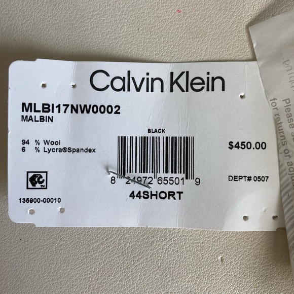 Calvin Klein Mens Suit Jacket Blazer Wool 44S‎ Black Solid Slim-fit E101557 - Picture 6 of 6